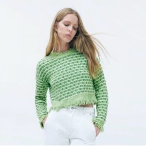 Zara Frayed Knit Green Tweed Sweater boxy, colorful M